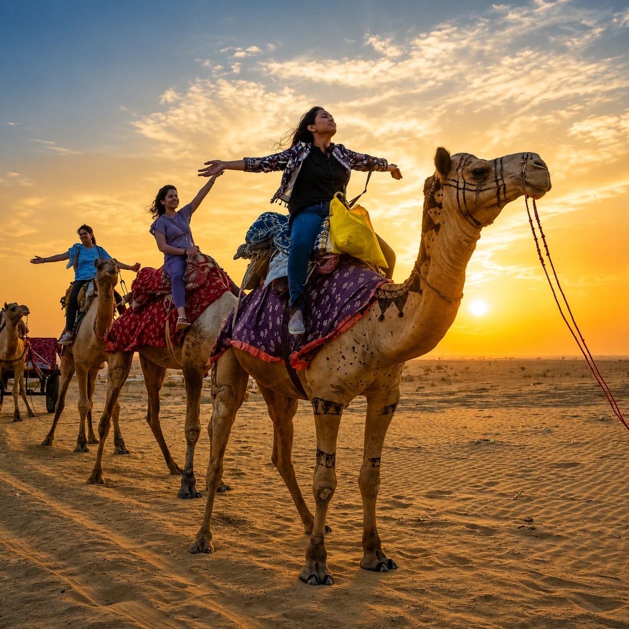 Camel safari at sunset over the Sam Sand Dunes near Jaisalmer